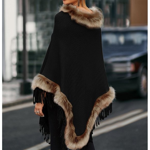 NWT La Mode | Black & Brown Faux Fur Poncho - Picture 1 of 6
